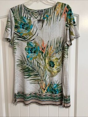 JM Collection Cream Top with Green and Teal Tropical Print